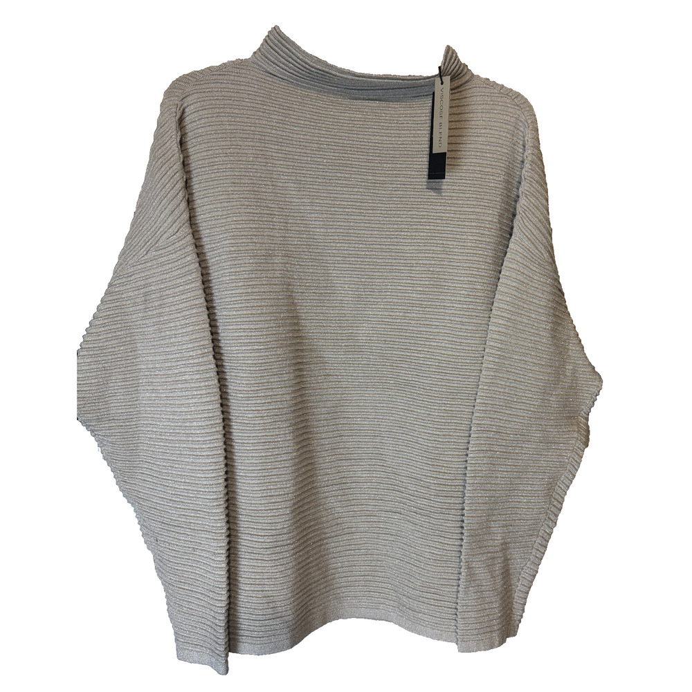 NWT T by Tahari Beige Long Sleeve Sweater Metallic Gold ribbed sz L mock neck